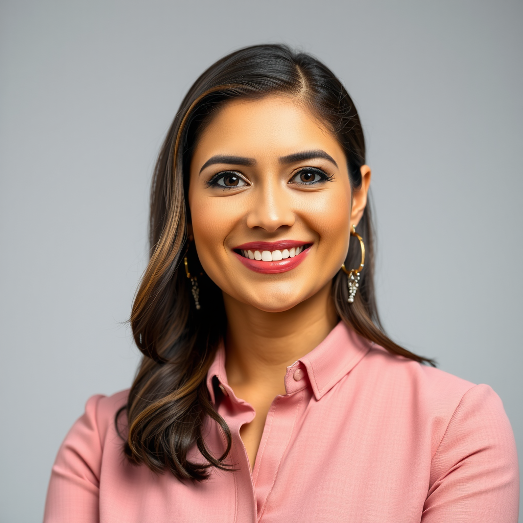 Retrato profissional de Carla Fernandes, editora de conteúdo, com sorriso profissional e postura confiante