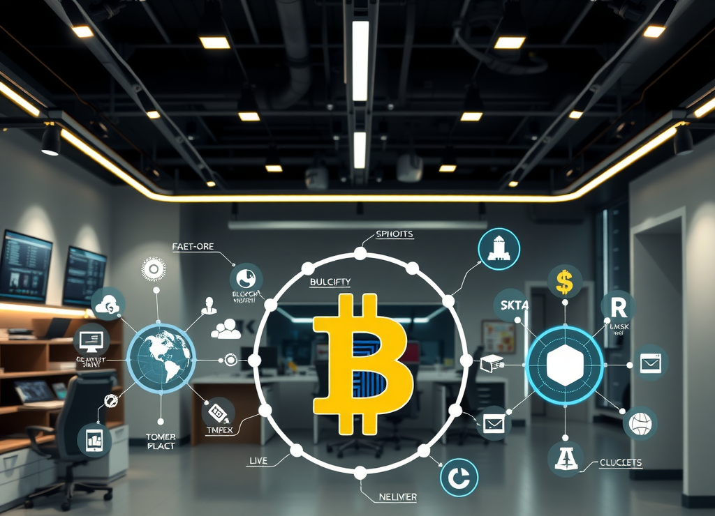 Plataforma educacional moderna mostrando conceitos de blockchain e criptomoedas com gráficos digitais, redes descentralizadas e símbolos de tecnologia em um ambiente profissional e inovador