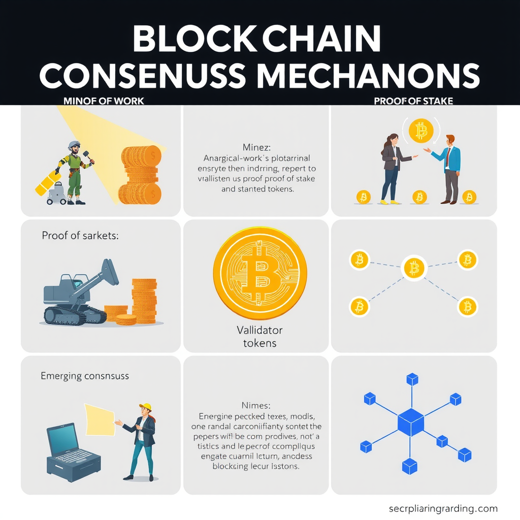 Ilustração educacional mostrando diferentes mecanismos de consenso blockchain, incluindo representações visuais de Proof of Work com mineradores e equipamentos, Proof of Stake com validadores e tokens apostados, e modelos emergentes de consenso com nós de rede interconectados em um design moderno e tecnológico