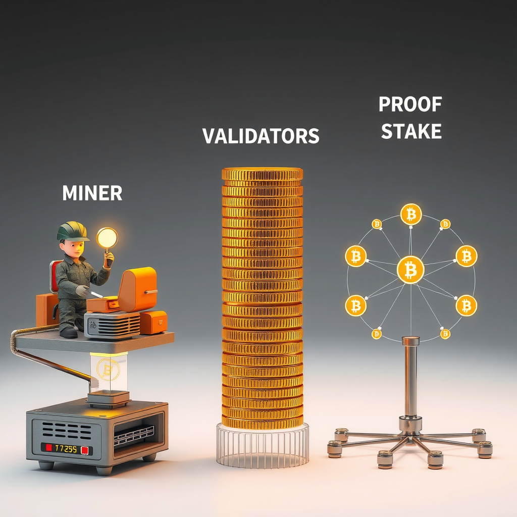 Ilustração conceitual mostrando diferentes mecanismos de consenso blockchain: mineradores trabalhando em Proof of Work com equipamentos de mineração, validadores em Proof of Stake com tokens empilhados, e nós de rede conectados formando uma estrutura descentralizada segura