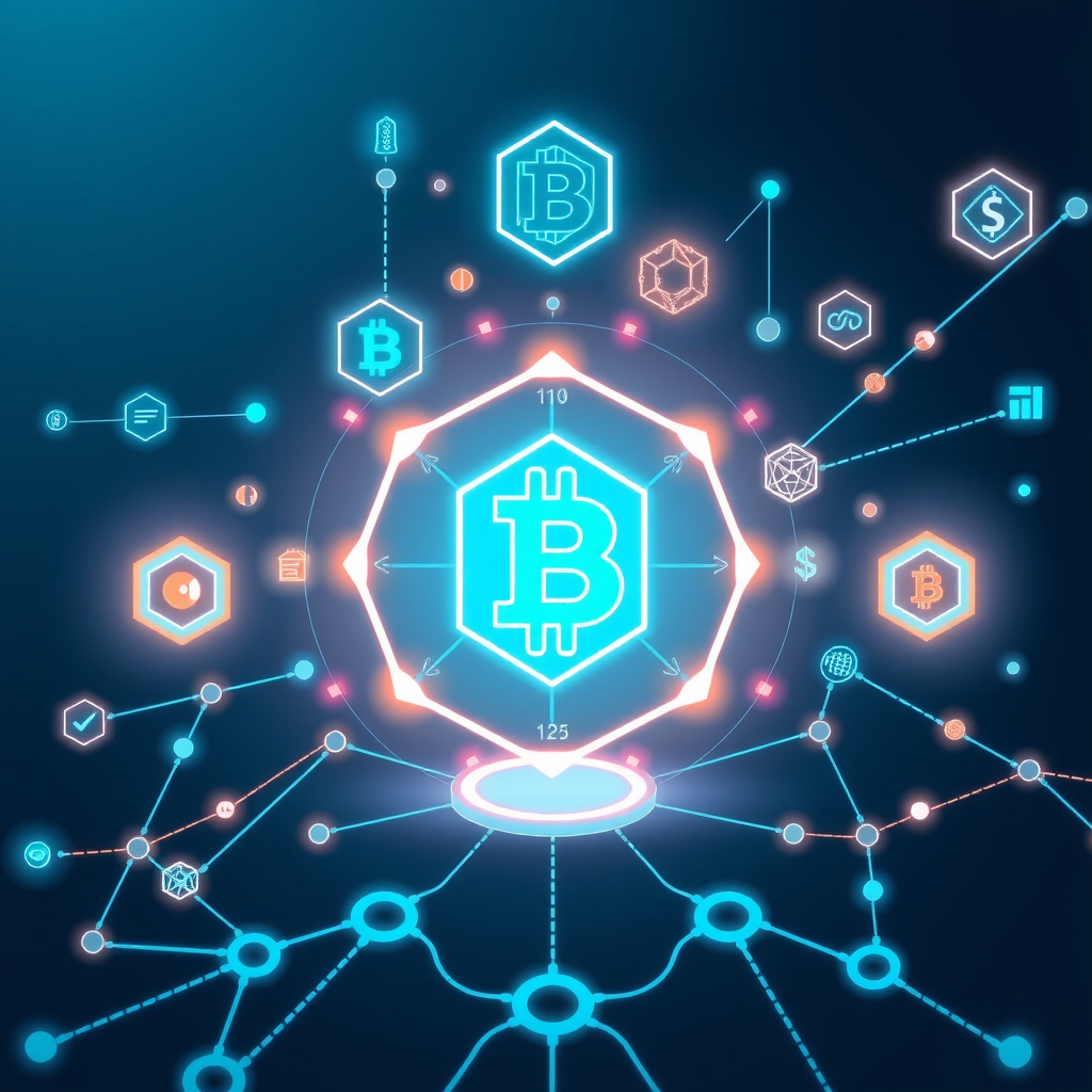 Ilustração conceitual mostrando a evolução das finanças descentralizadas com ícones de blockchain, protocolos DeFi, contratos inteligentes e redes interconectadas em um design moderno e tecnológico com tons de azul e ciano