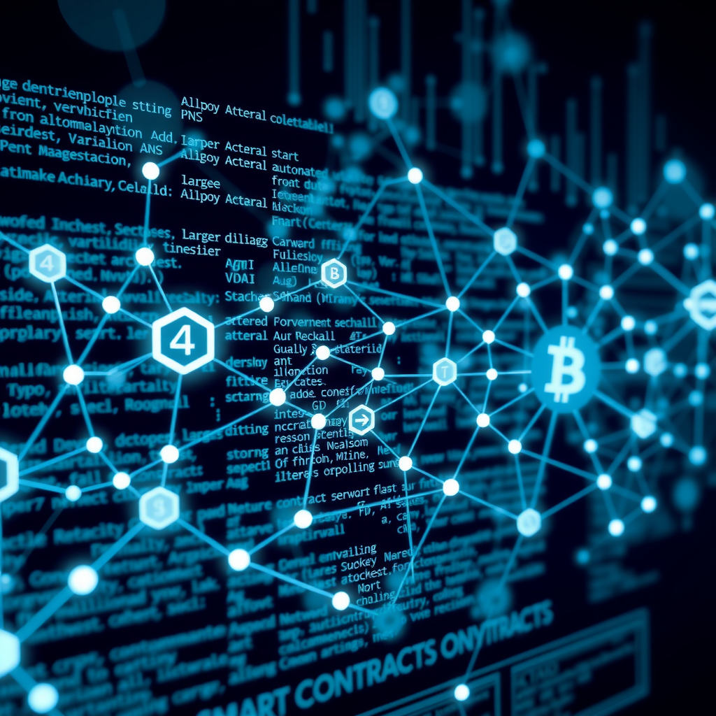 Ilustração conceitual de contratos inteligentes em blockchain mostrando código digital, nós de rede interconectados e símbolos de criptografia em tons de azul ciano e branco, representando transações automatizadas e descentralizadas