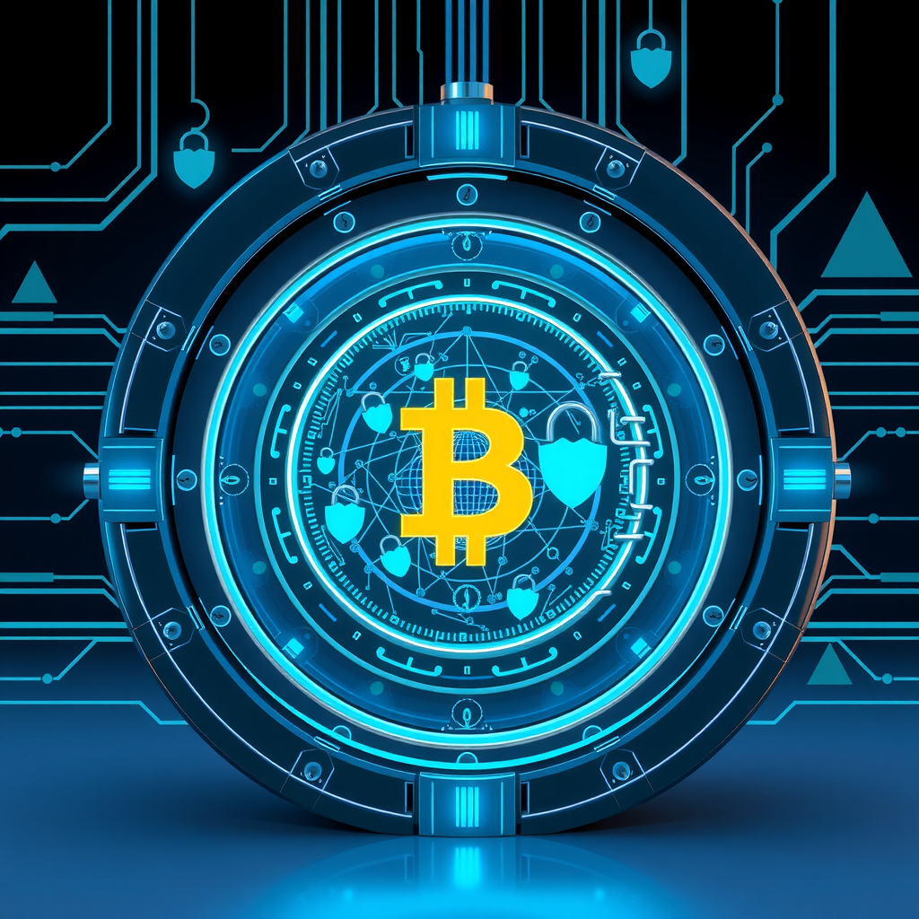 Ilustração conceitual mostrando um cofre digital futurista com símbolos de criptomoedas protegidos por camadas de segurança criptográfica, incluindo chaves, escudos e elementos de blockchain em tons de azul e ciano