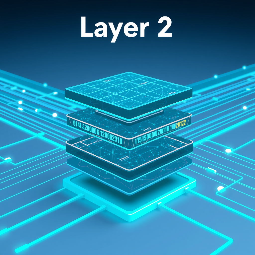 Ilustração conceitual de tecnologias Layer 2 mostrando múltiplas camadas de blockchain interconectadas com linhas de dados fluindo entre elas, representando rollups, state channels e sidechains em um design moderno e tecnológico com tons de azul e ciano