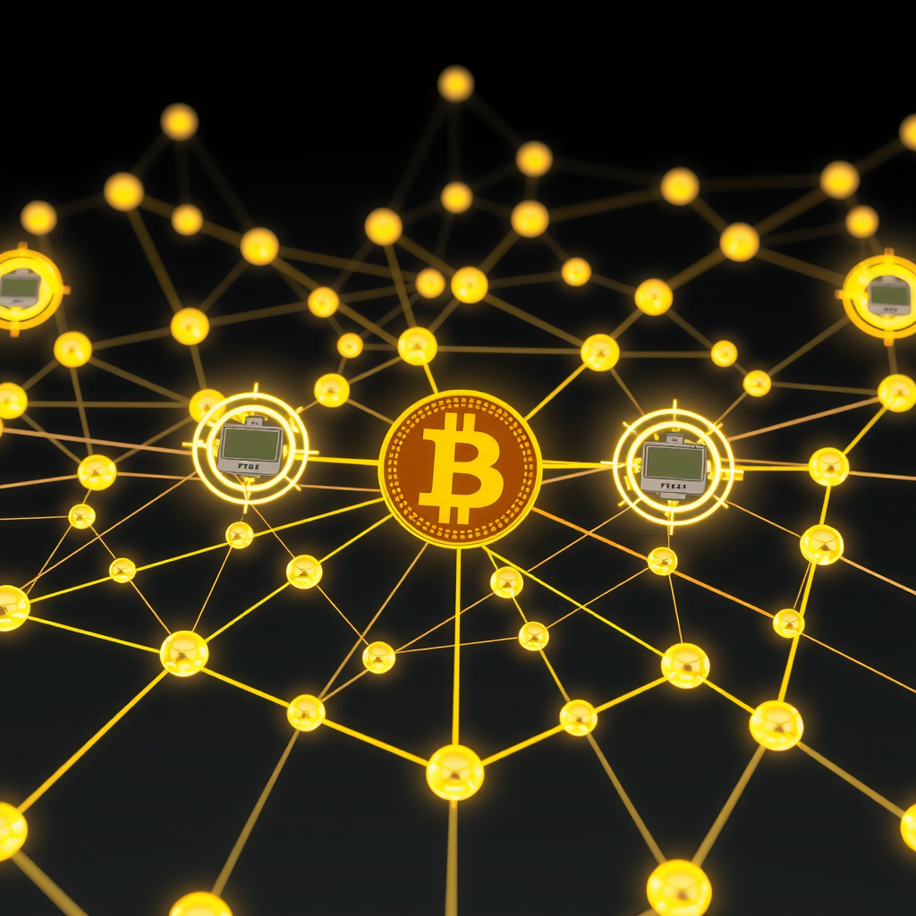 Visual representation of blockchain consensus mechanisms showing interconnected nodes with Proof of Work mining equipment and Proof of Stake validators in a modern digital network illustration