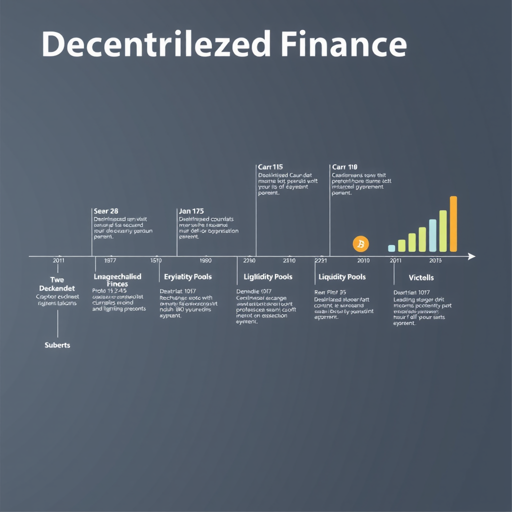Representação visual da evolução das finanças descentralizadas mostrando linha do tempo com marcos importantes, protocolos DeFi principais como exchanges descentralizadas, plataformas de empréstimo e pools de liquidez, com gráficos de crescimento e ícones de tecnologia blockchain em estilo moderno e profissional