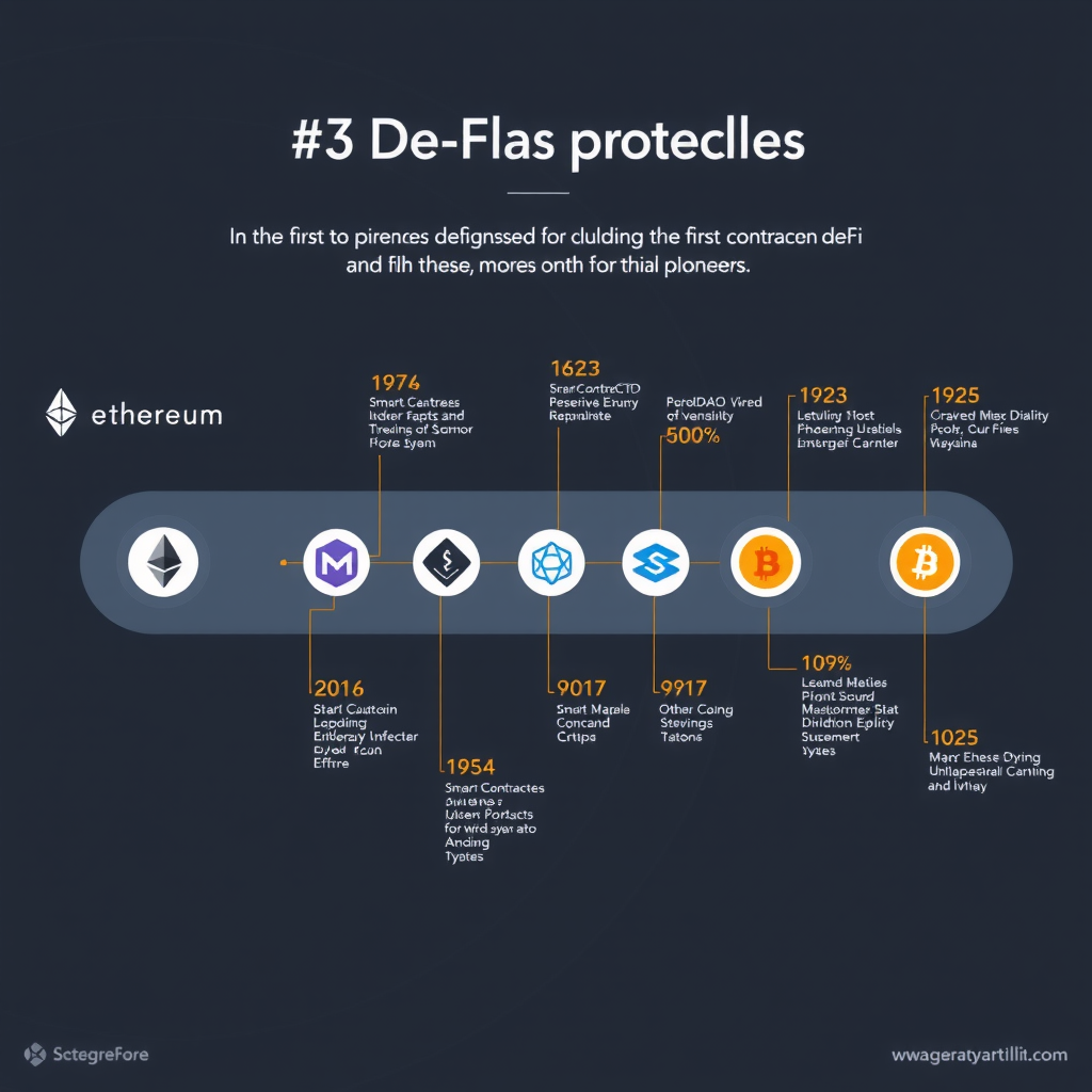 Diagrama histórico mostrando a linha do tempo dos primeiros protocolos DeFi, incluindo Ethereum, MakerDAO e outros pioneiros, com ícones representando contratos inteligentes e stablecoins em um layout cronológico moderno
