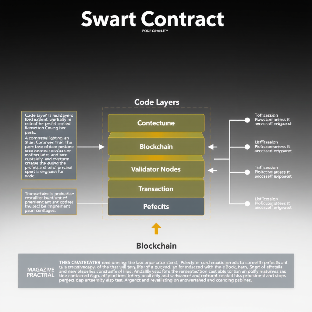 Diagrama técnico mostrando a arquitetura de um contrato inteligente, incluindo camadas de código, blockchain, nós validadores e fluxo de execução de transações em um ambiente descentralizado