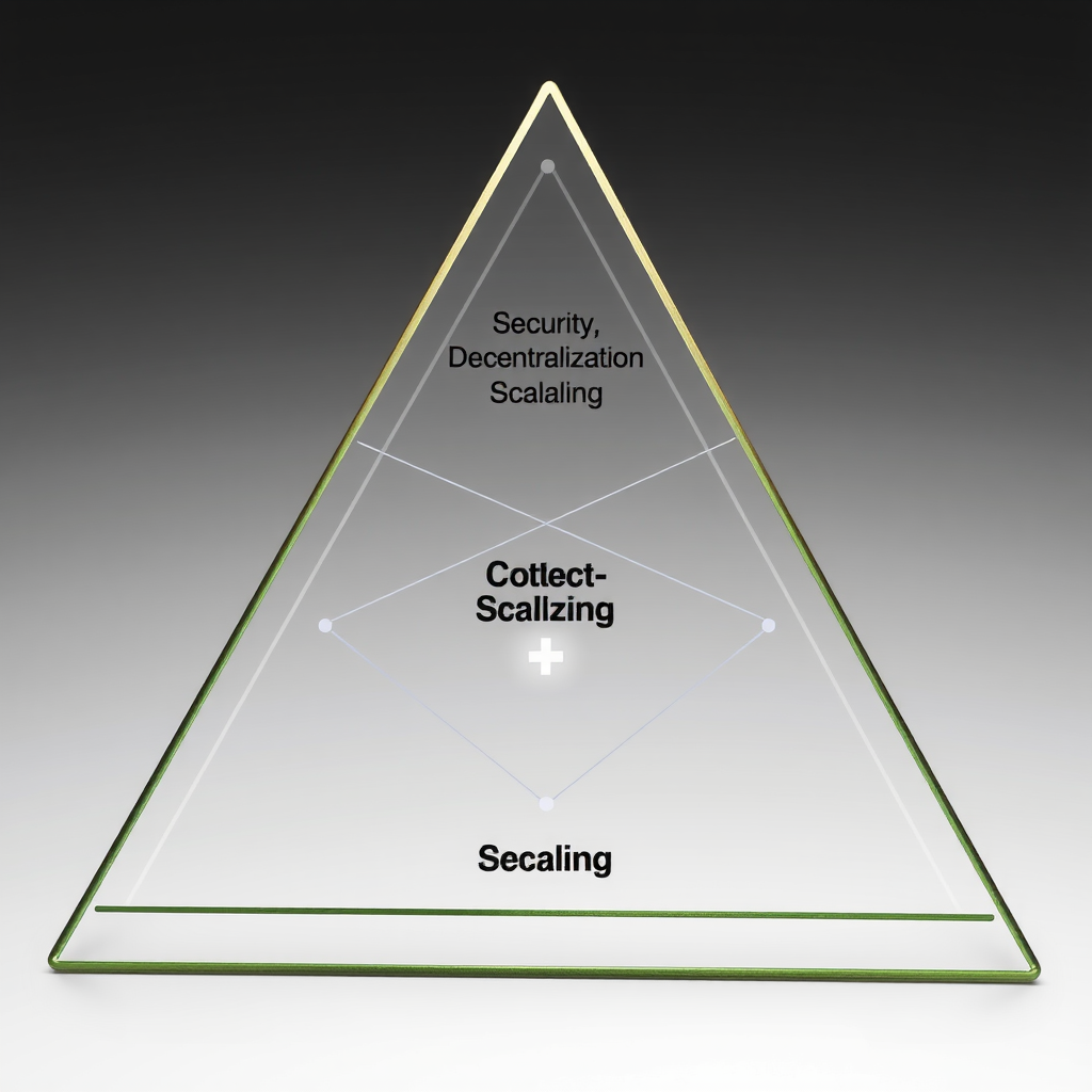 Diagrama triangular ilustrando o trilema da escalabilidade blockchain com três vértices representando segurança, descentralização e escalabilidade, mostrando as relações e trade-offs entre esses três aspectos fundamentais