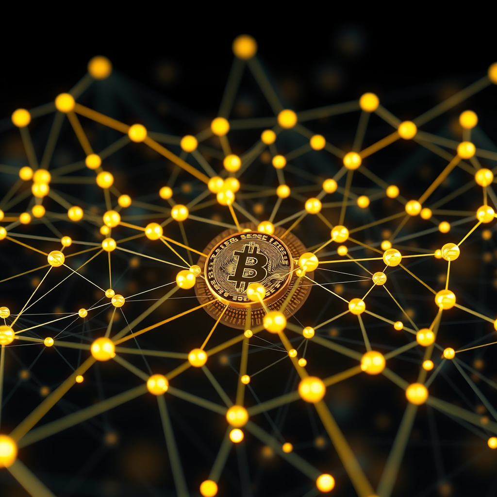 Visualização de rede blockchain com nós conectados, blocos de dados criptografados, transações sendo validadas e representação visual de tecnologia descentralizada com elementos futuristas