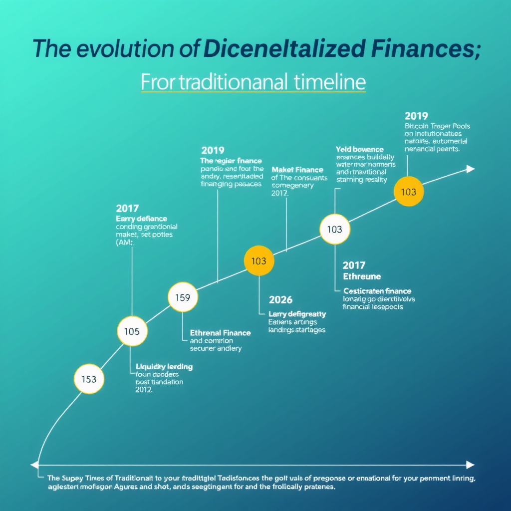 Comprehensive timeline visualization showing the evolution of decentralized finance with major protocol milestones, technological breakthroughs, and the transformation from traditional to decentralized financial services