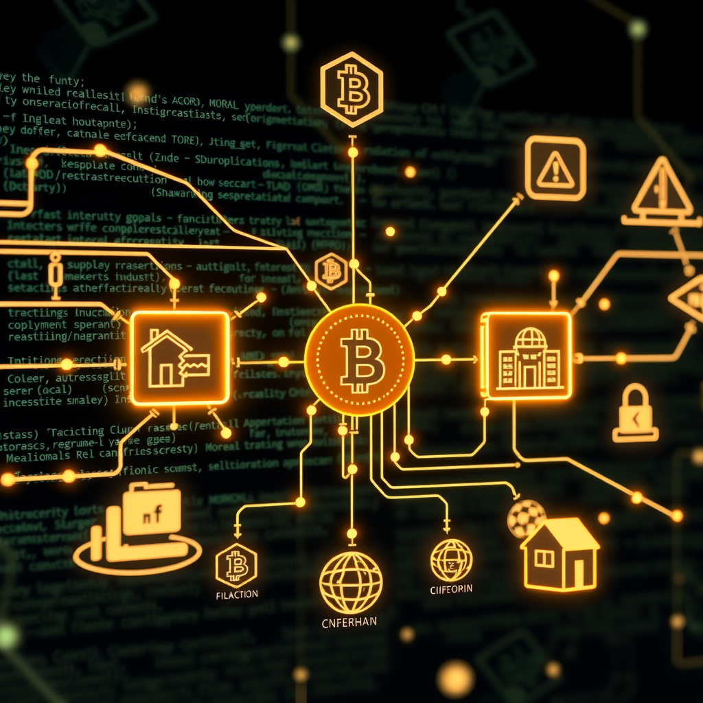 Ilustração detalhada de contratos inteligentes mostrando código de programação, blocos de blockchain conectados, aplicações em diferentes indústrias como finanças, imóveis e supply chain, com símbolos de execução automática e transações sem intermediários em design tecnológico moderno