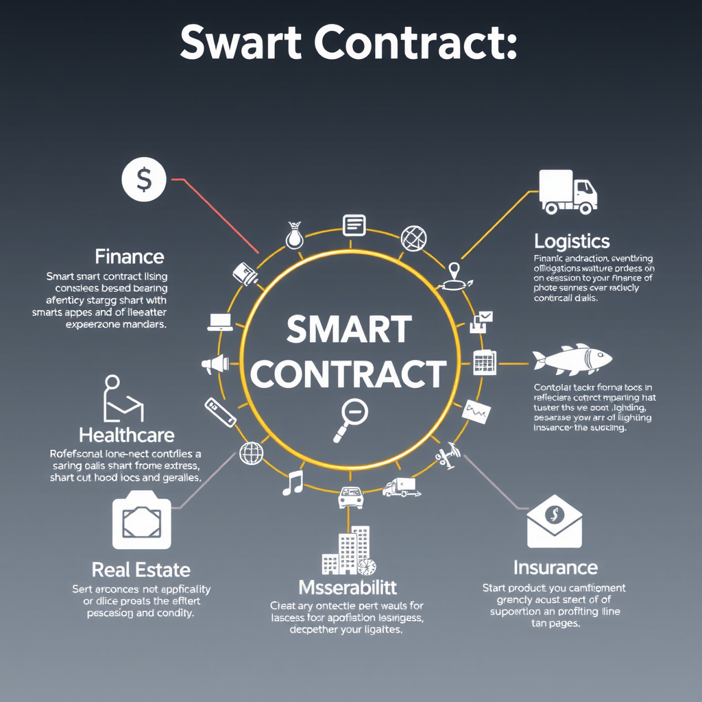 Infográfico mostrando diversas aplicações de contratos inteligentes em diferentes setores: finanças, logística, saúde, imobiliário e seguros, com ícones e conexões representando a interoperabilidade