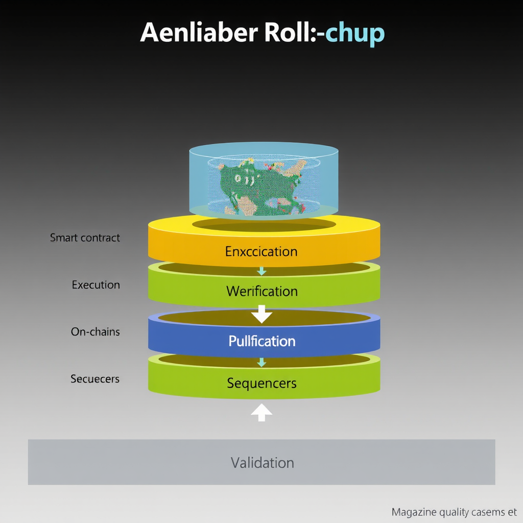 Diagrama técnico mostrando a arquitetura de um rollup com camadas separadas para execução off-chain e verificação on-chain, incluindo smart contracts, sequenciadores e validadores, com setas indicando o fluxo de dados entre as camadas