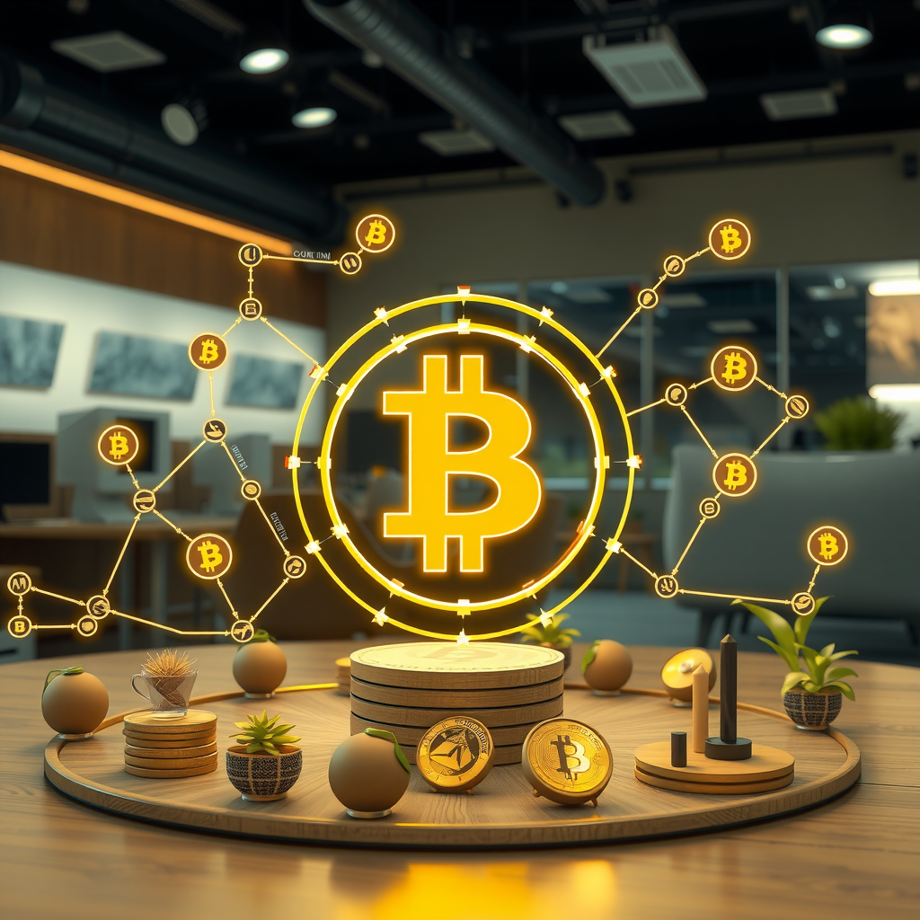 Conceito de finanças descentralizadas (DeFi) com ilustração de protocolos financeiros, pools de liquidez, staking, yield farming e aplicações descentralizadas em um ambiente educacional moderno