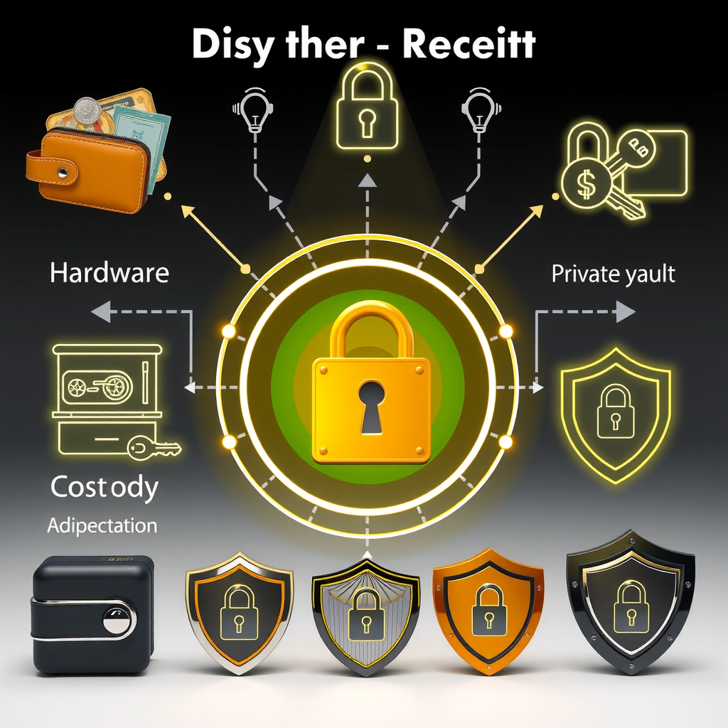 Representação visual de segurança de ativos digitais mostrando carteiras hardware e software, chaves criptográficas públicas e privadas, cofres digitais, autenticação multi-fator, e diferentes soluções de custódia com ícones de cadeados e escudos de proteção em design moderno e confiável