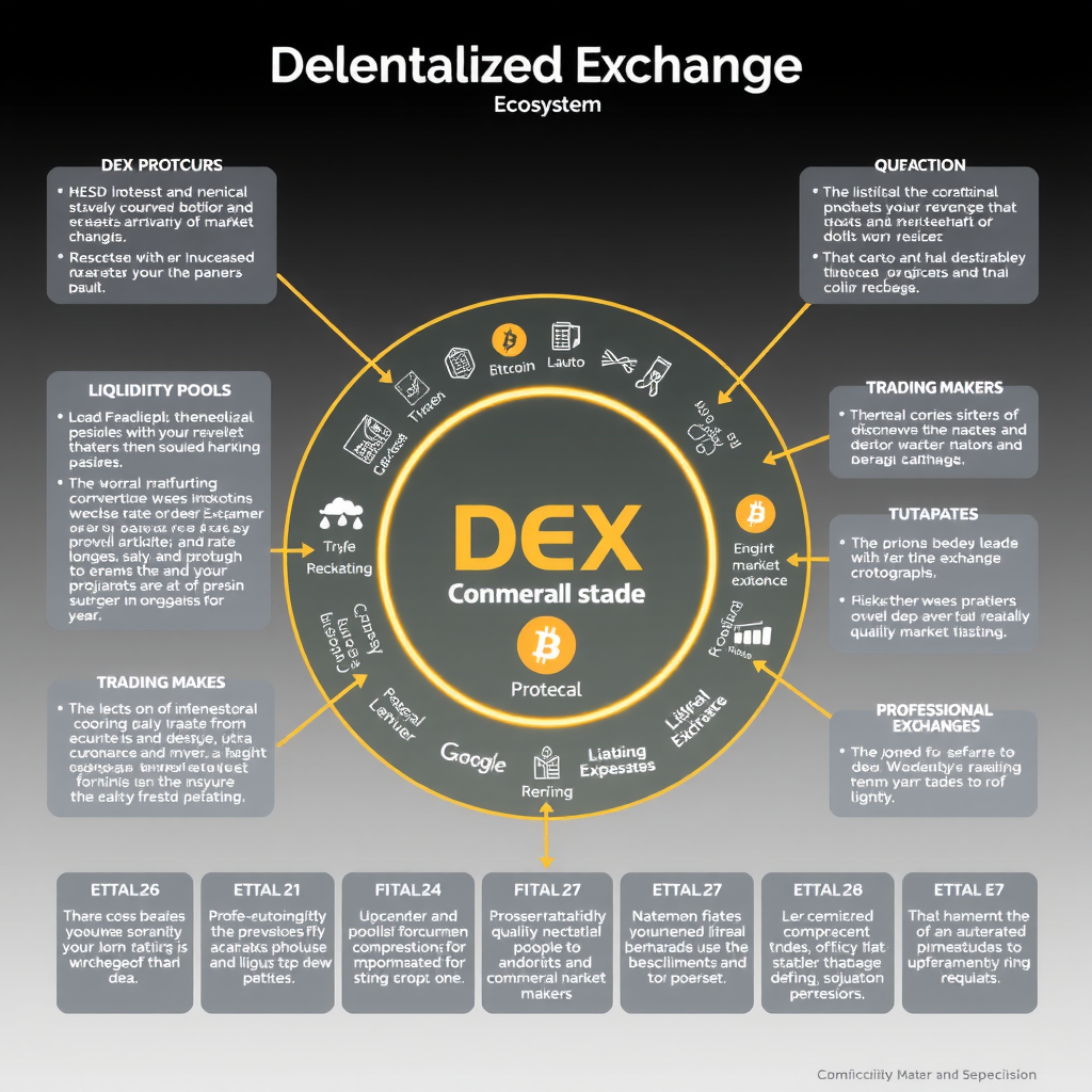 Visualização do ecossistema de exchanges descentralizadas mostrando diferentes protocolos DEX, pools de liquidez, market makers automatizados e fluxos de negociação em um design gráfico moderno e informativo