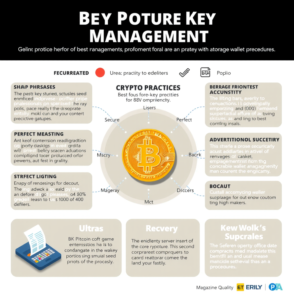 Infográfico detalhado mostrando melhores práticas para gerenciamento de chaves criptográficas, incluindo armazenamento seguro de frases seed, métodos de backup, e procedimentos de recuperação de carteiras