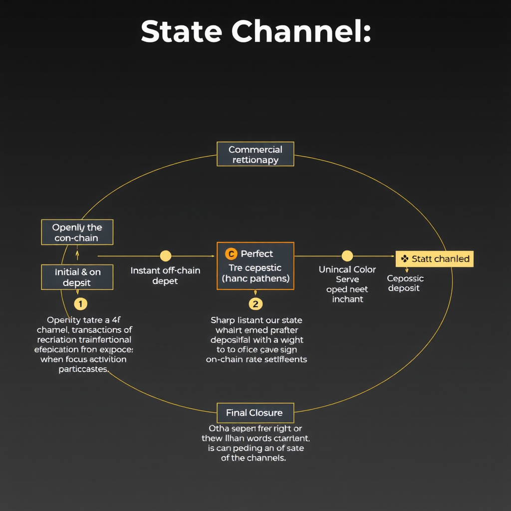 Fluxograma ilustrando o ciclo de vida de um state channel, desde a abertura com depósito inicial on-chain, passando por múltiplas transações off-chain instantâneas entre participantes, até o fechamento final e liquidação on-chain