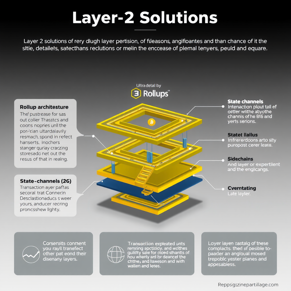 Ilustração educacional de soluções Layer 2 para blockchain mostrando arquitetura de rollups, canais de estado, sidechains, com visualização de fluxo de transações, aumento de throughput, redução de custos e conexões entre camadas principais e secundárias em design técnico e moderno