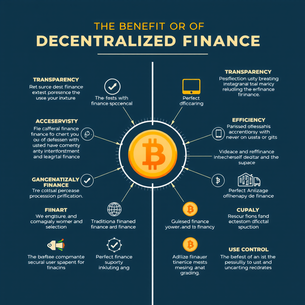 Infográfico comparativo mostrando os benefícios das finanças descentralizadas versus finanças tradicionais, incluindo transparência, acessibilidade, eficiência e controle do usuário, com ícones e gráficos explicativos