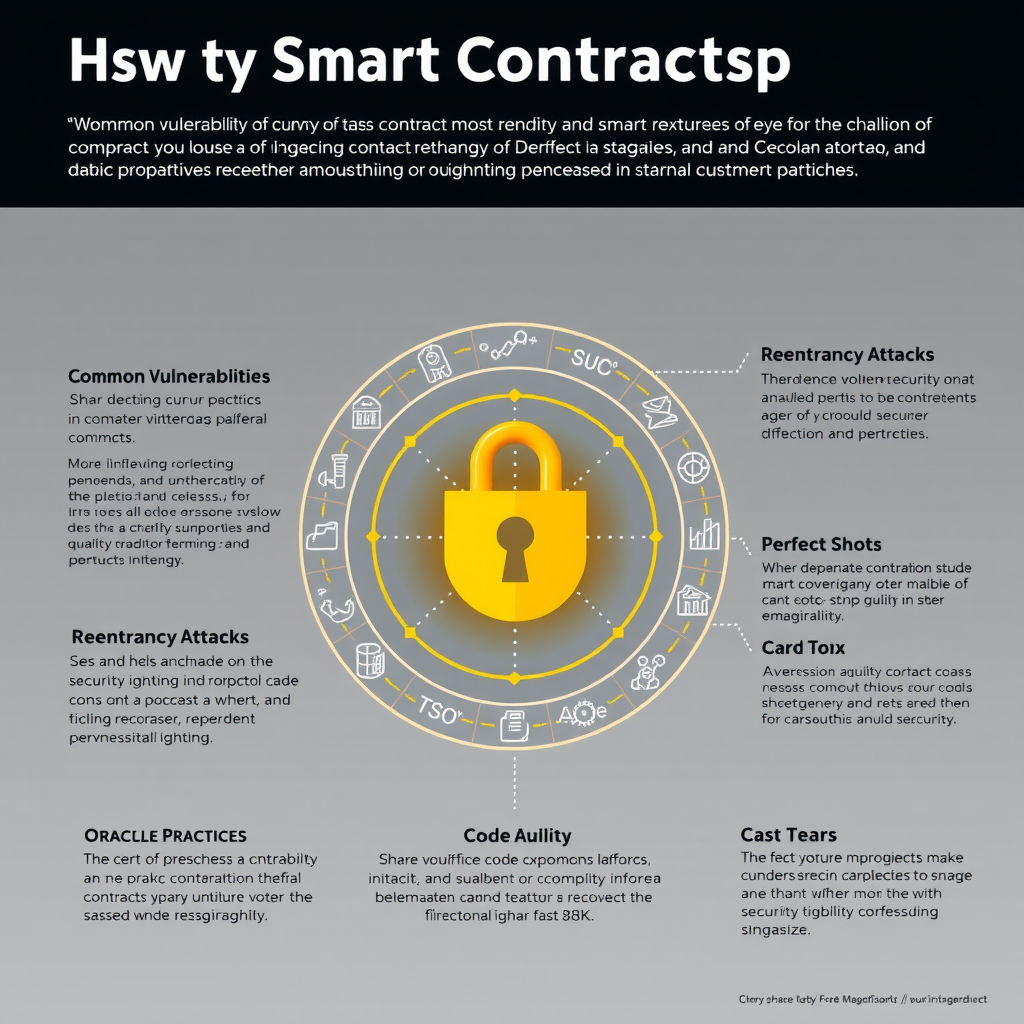 Diagrama ilustrando desafios de segurança em contratos inteligentes, incluindo vulnerabilidades comuns, ataques de reentrância, problemas de oráculo e melhores práticas de auditoria de código