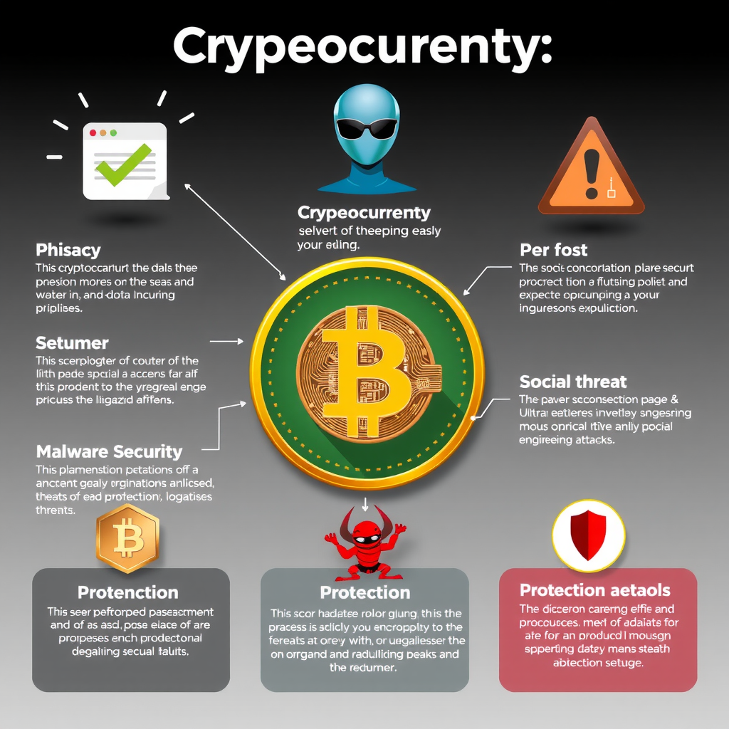 Ilustração mostrando diferentes tipos de ameaças à segurança de criptomoedas, incluindo phishing, malware, ataques de engenharia social, e métodos de proteção contra cada tipo de ameaça