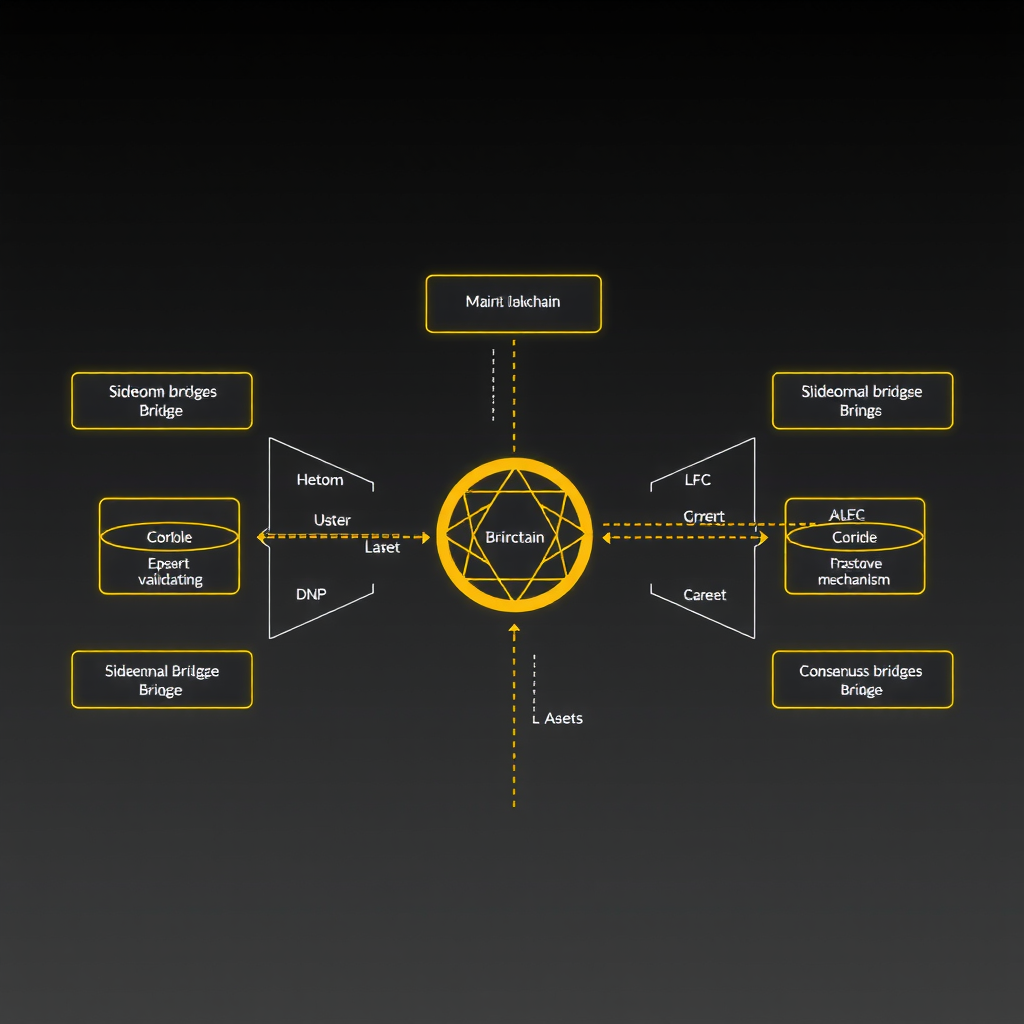 Diagrama de arquitetura mostrando uma blockchain principal conectada a múltiplas sidechains através de pontes bidirecionais, com cada sidechain tendo seu próprio conjunto de validadores e mecanismo de consenso, ilustrando a transferência de ativos entre cadeias