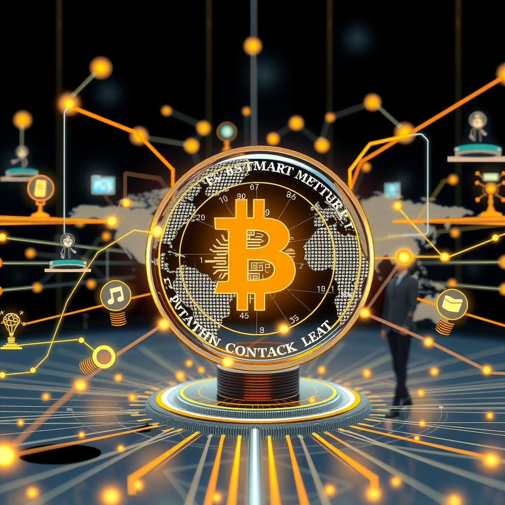 Visualização futurista mostrando a evolução dos contratos inteligentes, incluindo integração com IoT, IA, realidade aumentada e sistemas globais interconectados em uma economia digital descentralizada