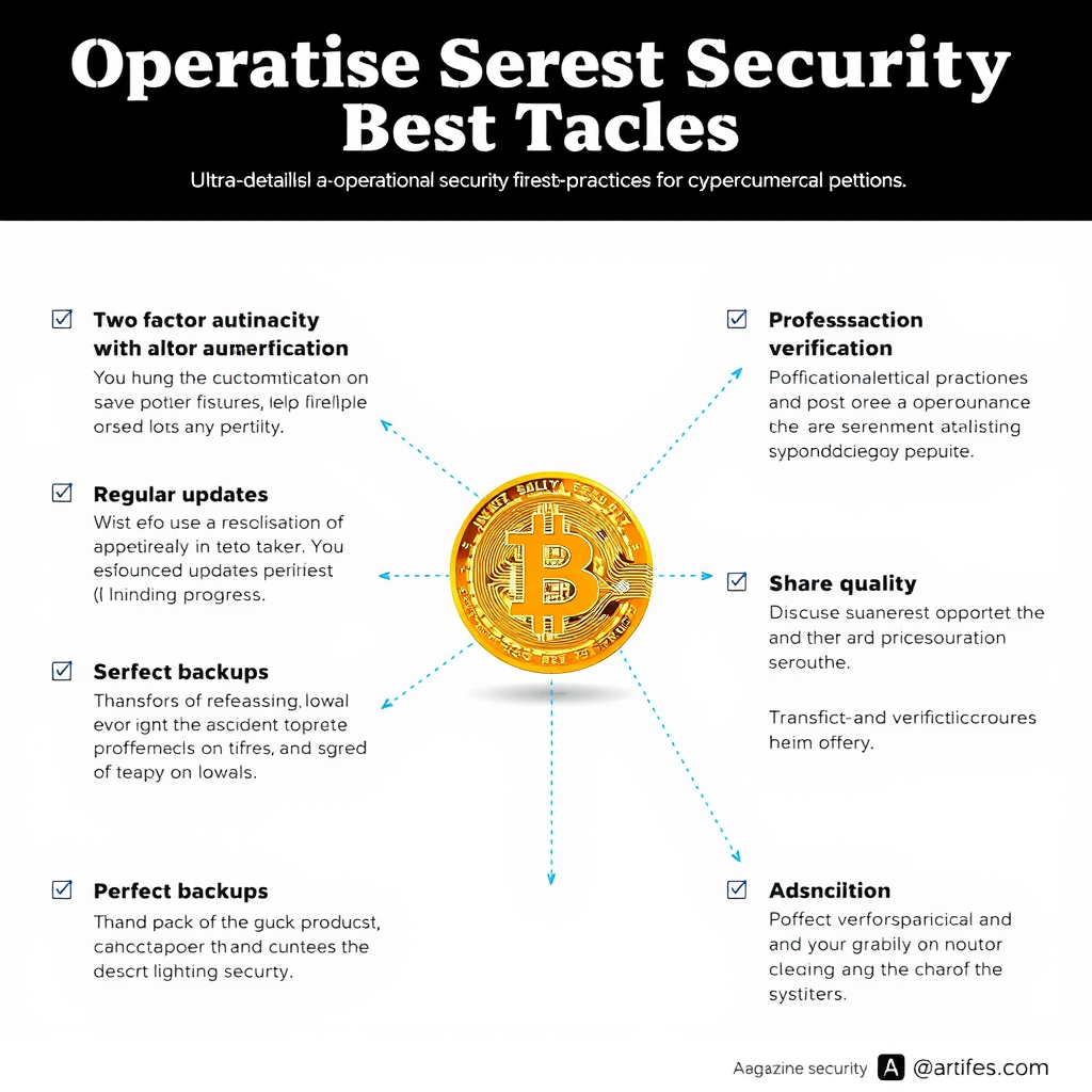 Checklist visual de melhores práticas de segurança operacional para criptomoedas, incluindo autenticação de dois fatores, atualizações regulares, backups seguros, e procedimentos de verificação de transações