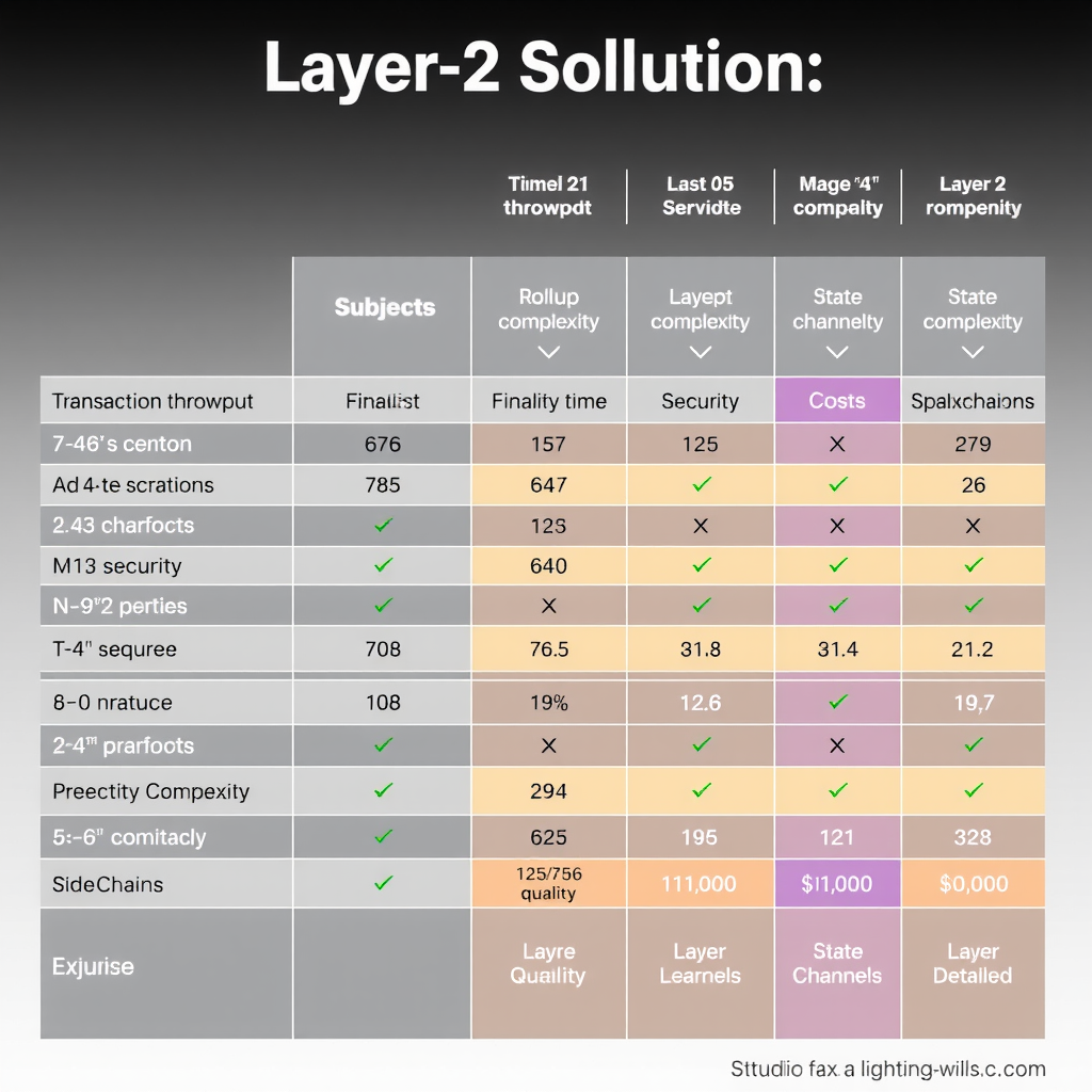 Gráfico comparativo detalhado mostrando diferentes métricas de soluções Layer 2 incluindo throughput de transações, tempo de finalidade, custos, segurança e complexidade de implementação, com barras coloridas representando rollups, state channels e sidechains